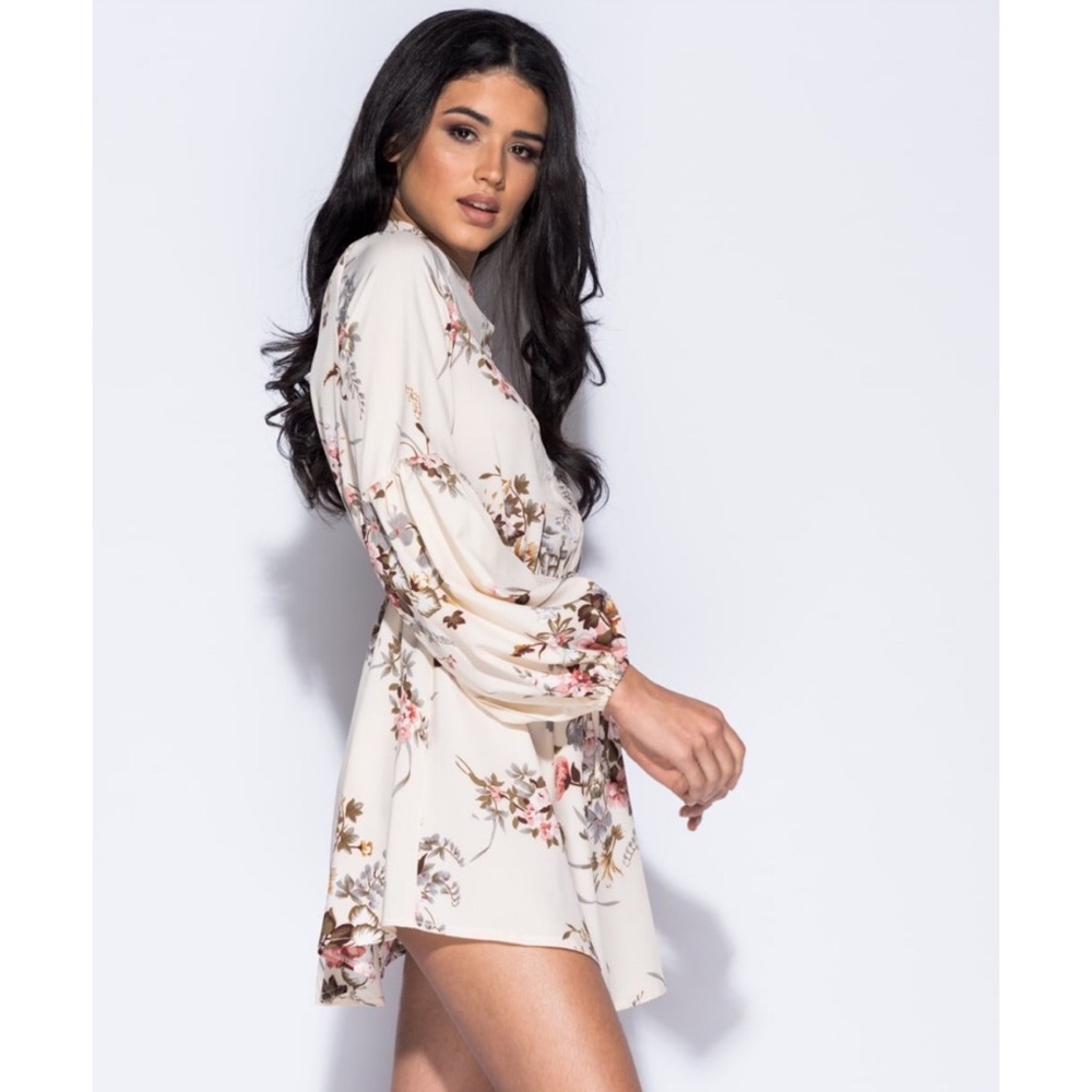 Cream & Pink Rose Floral Long Sleeve Mini Dress - Picture 2 of 8